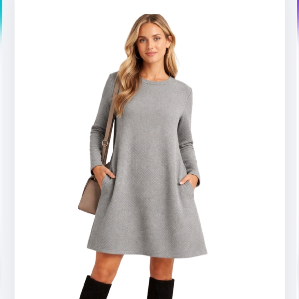 Amazon Gray Textured Knit A-Line Dress Size XL Long Sleeve, Pockets